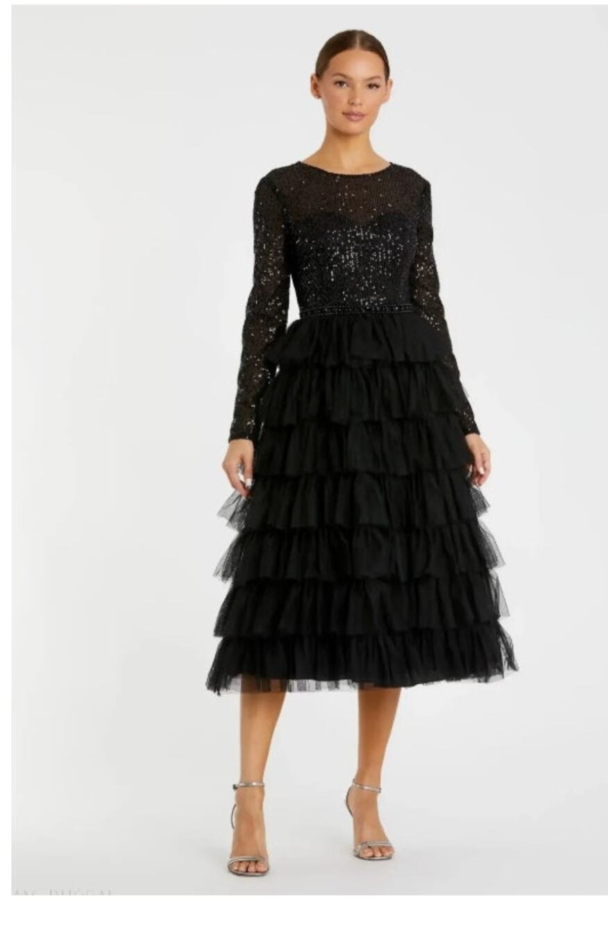Midnight in Paris ✨ Mac Duggal Sequin Tulle Ruffle Midi Dress NWT Size 2